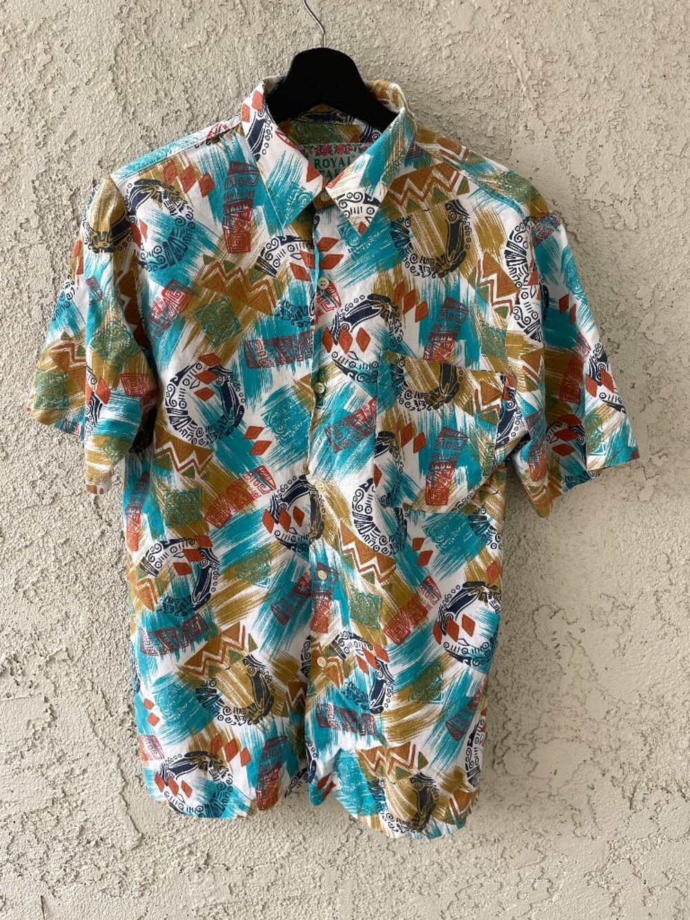 Vintage Royal Faks Made in Italy Abstract Tribal Print Shirt Geometric 90s Med